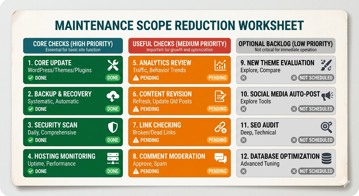 Maintenance scope worksheet with core checks, useful checks, and optional backlog